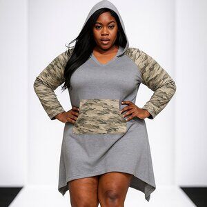 Hooded Dress - Grey with Camo Raglan Sleeves & Front Pocket - Casual Sporty Chic